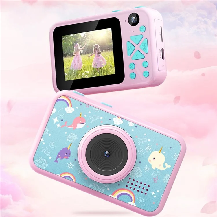 AD-G29D 2.4 inch Screen Kids Camera Front/Back Dual Camera Portable Handheld Mini Camera with Games/Filters/Frames - Pink