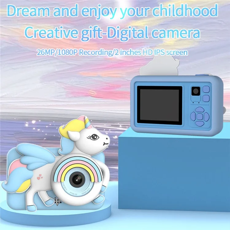 D32 Cartoon Design 2-inch Screen Children HD Dual Lens Camera with Tripod + 32G TF Card + Card Reader - Blue