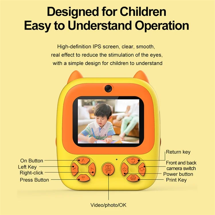 D8 Dual-Lens Children Video Camera Kid's Educational Toy Supporting 128GB Memory Card - Yellow