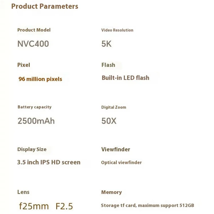 NVC400 5K Digital Camera 96MP 50X Digital Zoom 2.4G WiFi Camera with 64G TF Card