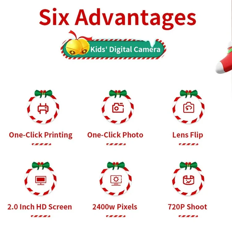 Christmas Style 2.0-inch Screen Children HD Digital Camera Instant Photo Printer with 32G TF Card + Card Reader