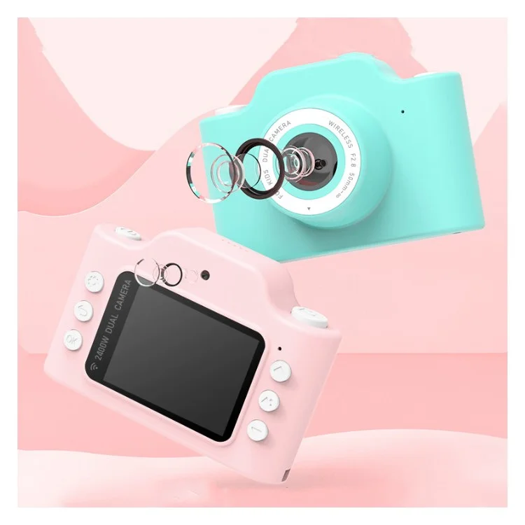 2.0 Inch Cartoon Children's Digital Camera Front Rear Dual Camera Rechargeable Camcorder 2400W Pixels Kid Toy - Blue