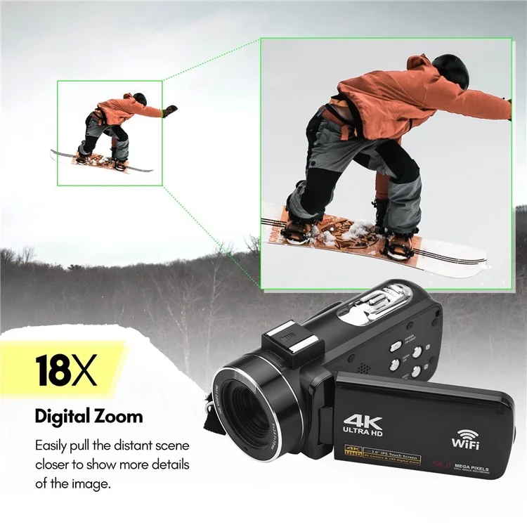 4K Digital Video Camera 3.0 Inch IPS Touch Screen WiFi Camcorder Portable DV Recorder 56MP 18X Digital Zoom Support Face Detection IR Night Vision with 2 Batteries + Remote Control + Carry Bag + External Microphone + 0.39X Wide Angle Lens