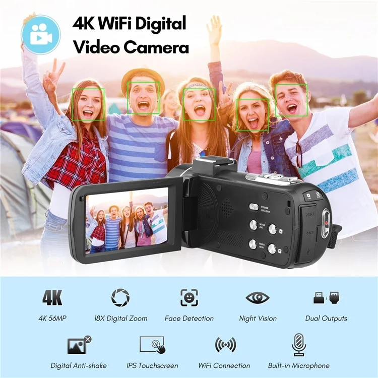 4K Digital Video Camera 3.0 Inch IPS Touch Screen WiFi Camcorder Portable DV Recorder 56MP 18X Digital Zoom Support Face Detection IR Night Vision with 2 Batteries + Remote Control + Carry Bag + External Microphone + 0.39X Wide Angle Lens